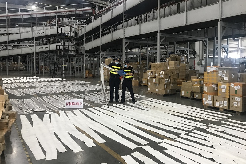 深圳邮局海关在过境快件中查获蟒蛇皮148张(图)1 深圳邮局海关在过境快件中查获蟒蛇皮148张(图)1